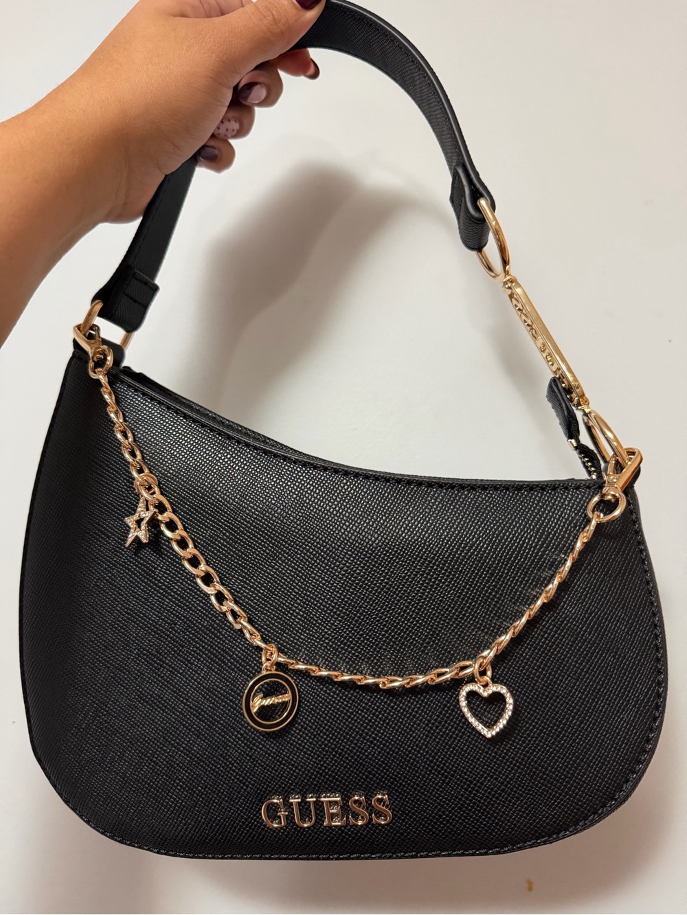Guess Black Shoulder Bag with Gold Chain Charm Accents